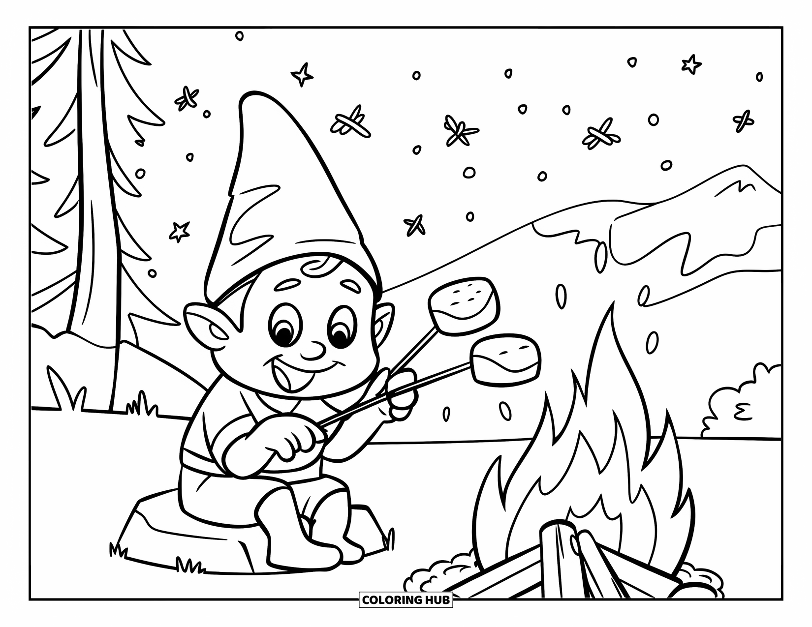Summer Gnome Coloring Page for Kids: A gnome roasts marshmallows under a starry sky with glowing fireflies