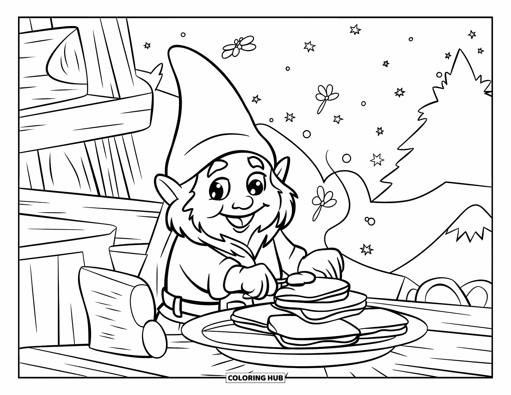 Summer Gnome Coloring Page for Kids: A gnome sits by a campfire making s'mores under the stars