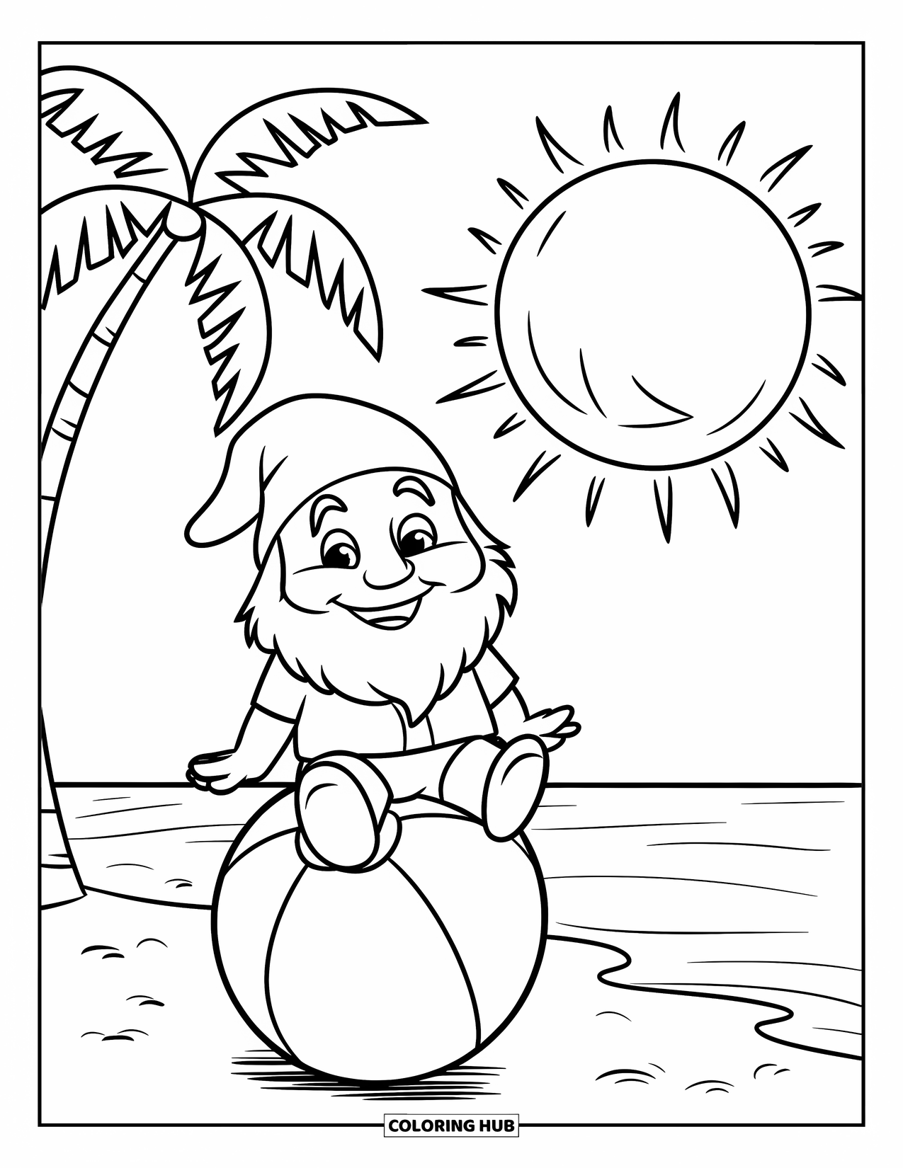 Summer Gnome Coloring Page for Kids: A gnome sits on a beach ball under a shining summer sun