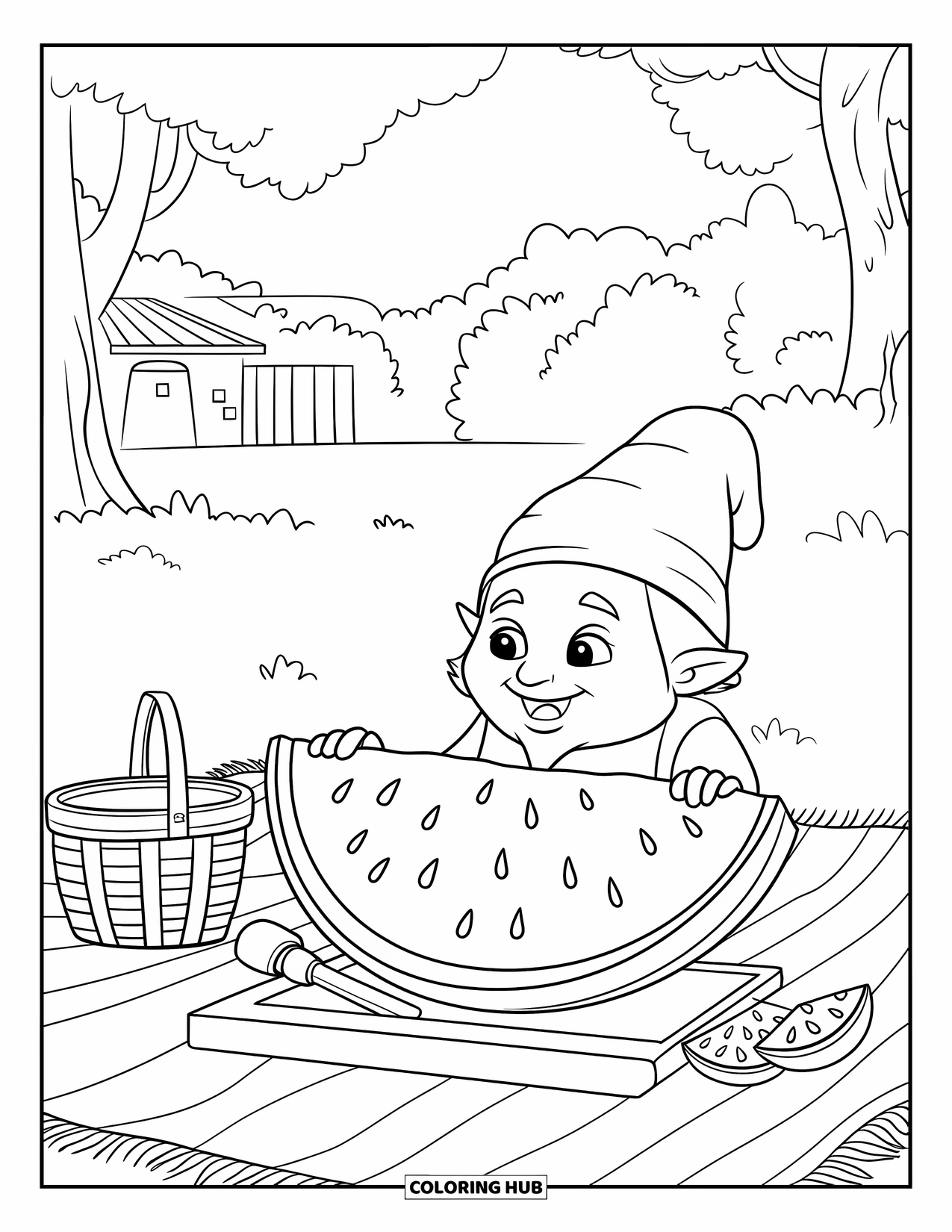 Summer Gnome Coloring Page for Kids: A gnome sits with a watermelon slice on a picnic blanket near trees