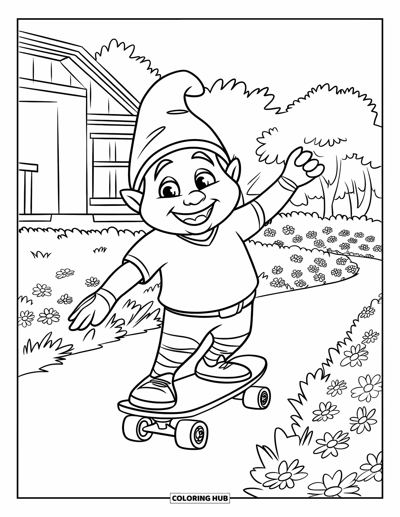 Summer Gnome Coloring Page for Kids: A gnome skates down a garden path surrounded by blooming flowers