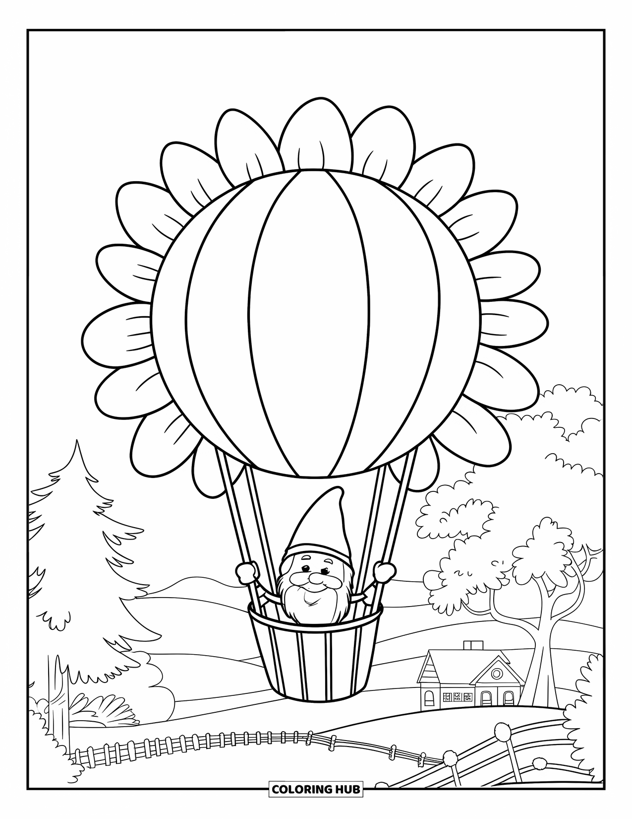 Summer Gnome Coloring Page for Kids: A gnome smiles from a sunflower balloon tied near a wooden post