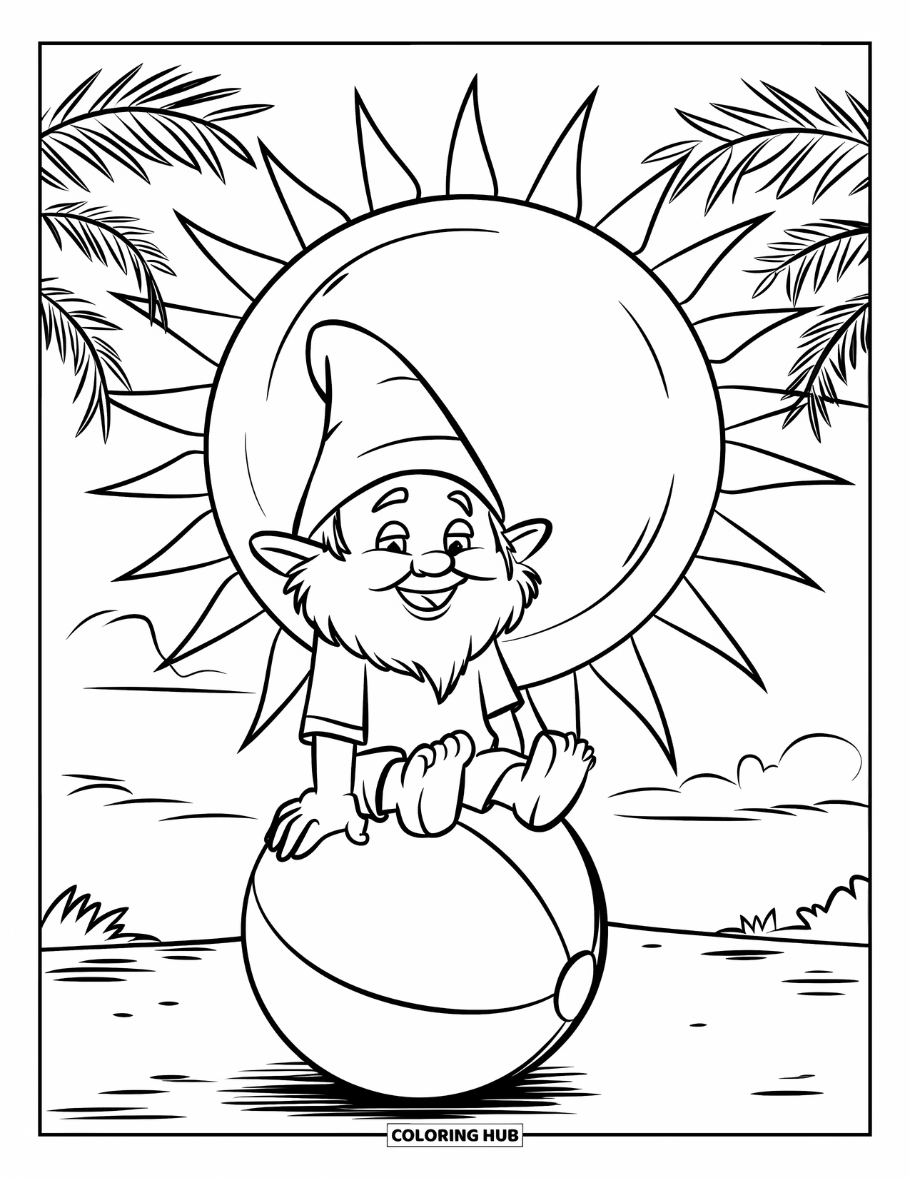 Summer Gnome Coloring Page for Kids: A gnome smiles on a beach ball while the sun beams above