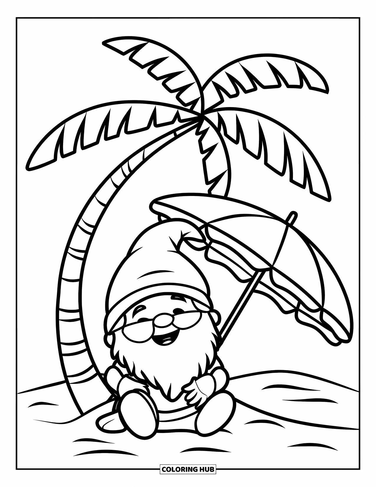 Summer Gnome Coloring Page for Kids: A gnome smiles under a palm tree with sand and sea around