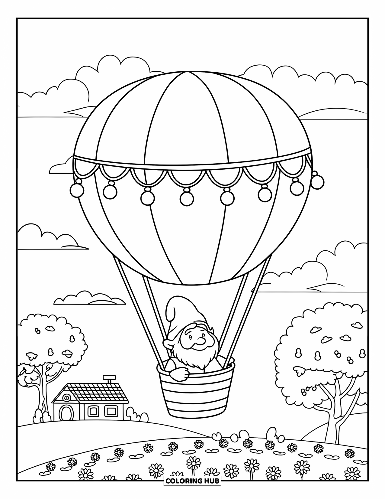 Summer Gnome Coloring Page for Kids: A gnome soars in a sunny balloon over flowers and fields