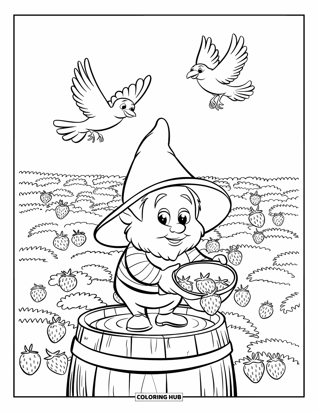 Summer Gnome Coloring Page for Kids: A gnome stands on a barrel picking strawberries in a wide green field