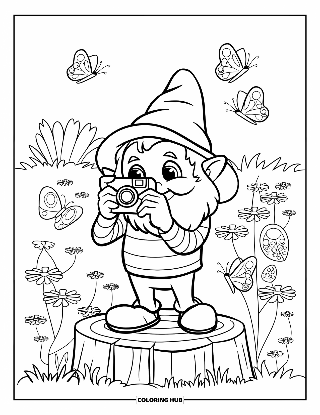 Summer Gnome Coloring Page for Kids: A gnome stands on a stump, taking photos in a field of blossoms