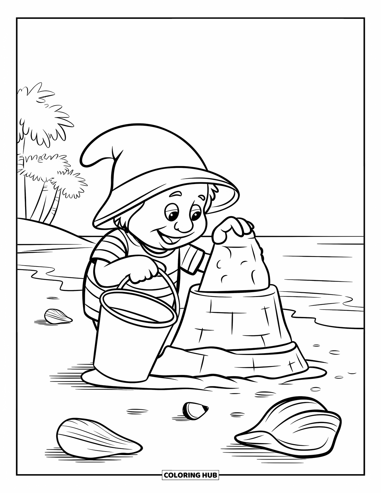 Summer Gnome Coloring Page for Kids: A gnome uses shells to build a sandcastle on the warm summer sand