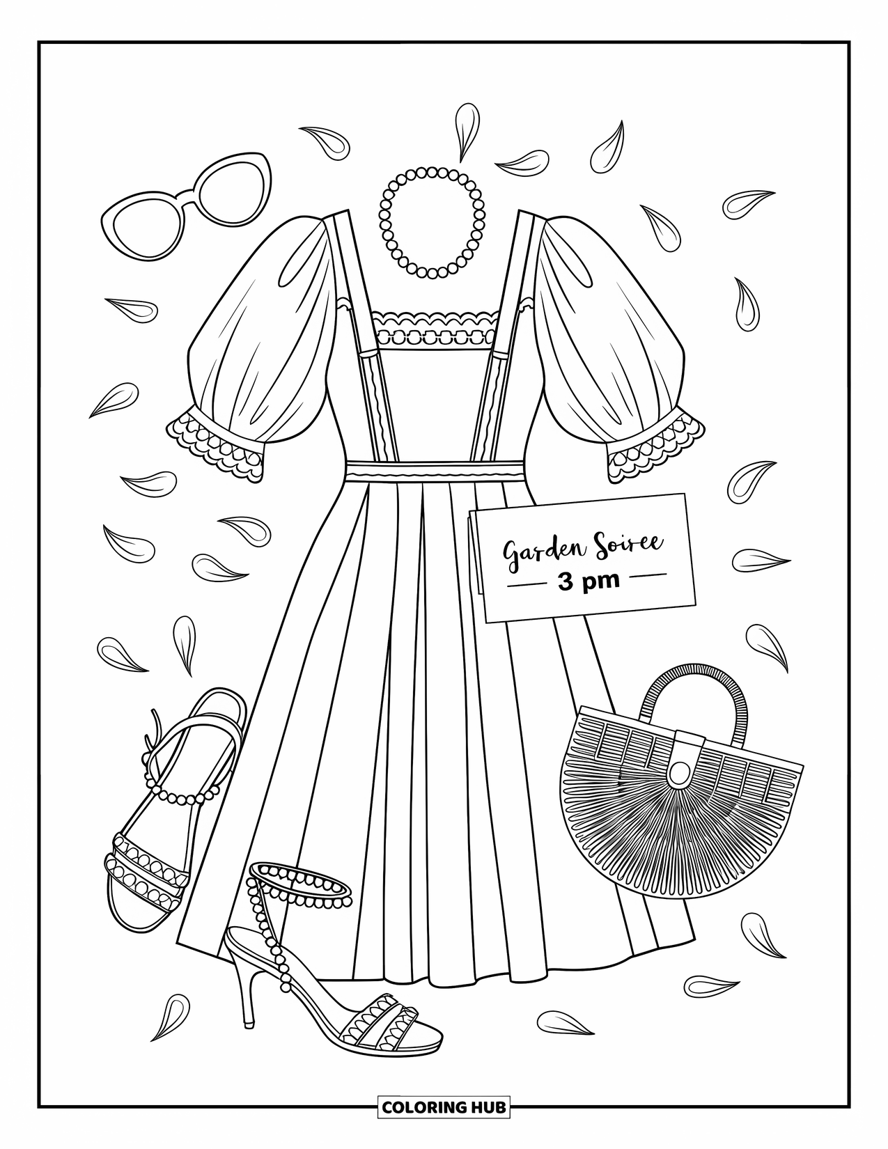 Summer Preppy Coloring Page for Adults: A garden party outfit with lace, pearls, and soft floral details