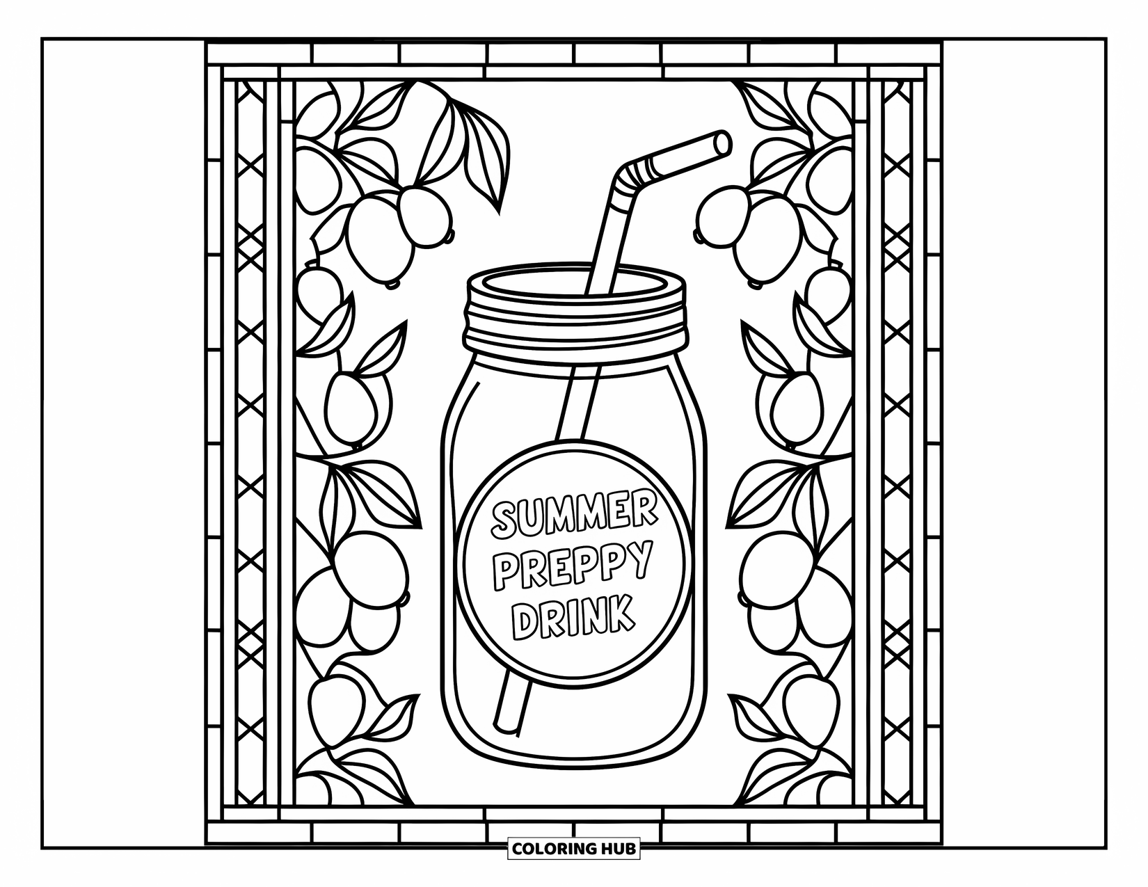 Summer Preppy Coloring Page for Adults: A lemonade jar with a straw surrounded by citrus fruit and leafy designs