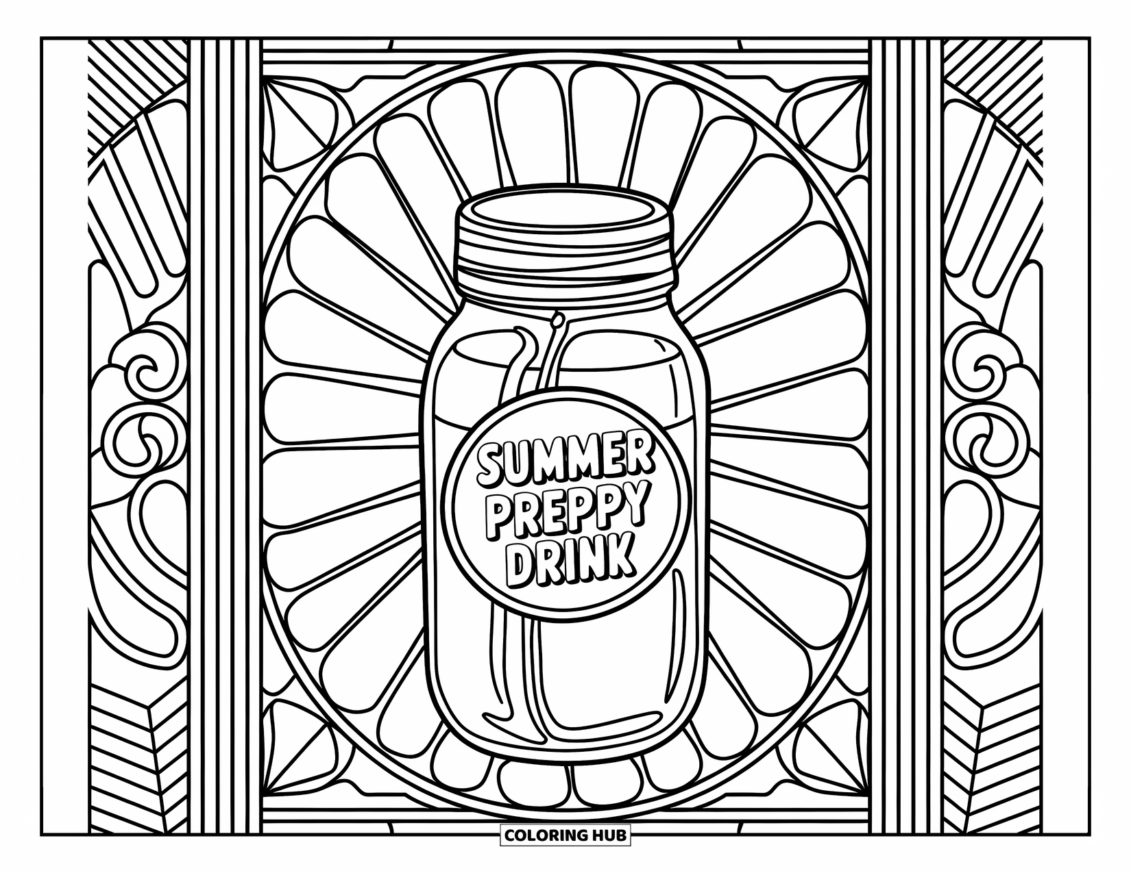 Summer Preppy Coloring Page for Adults: A lemonade mason jar labeled "summer preppy drink" framed with citrus glass patterns