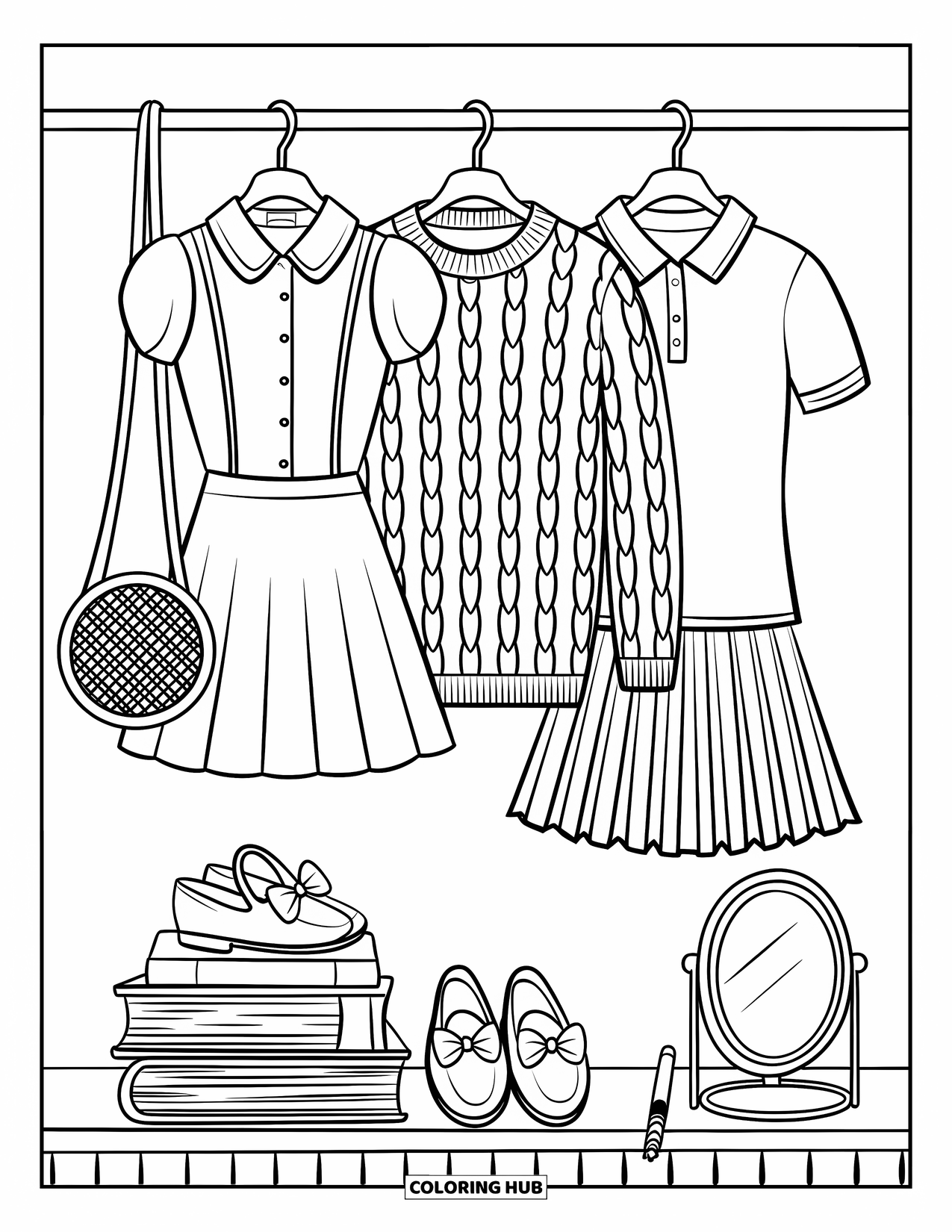 Summer Preppy Coloring Page for Adults: A neat closet with tennis outfits, books, and a rattan bag
