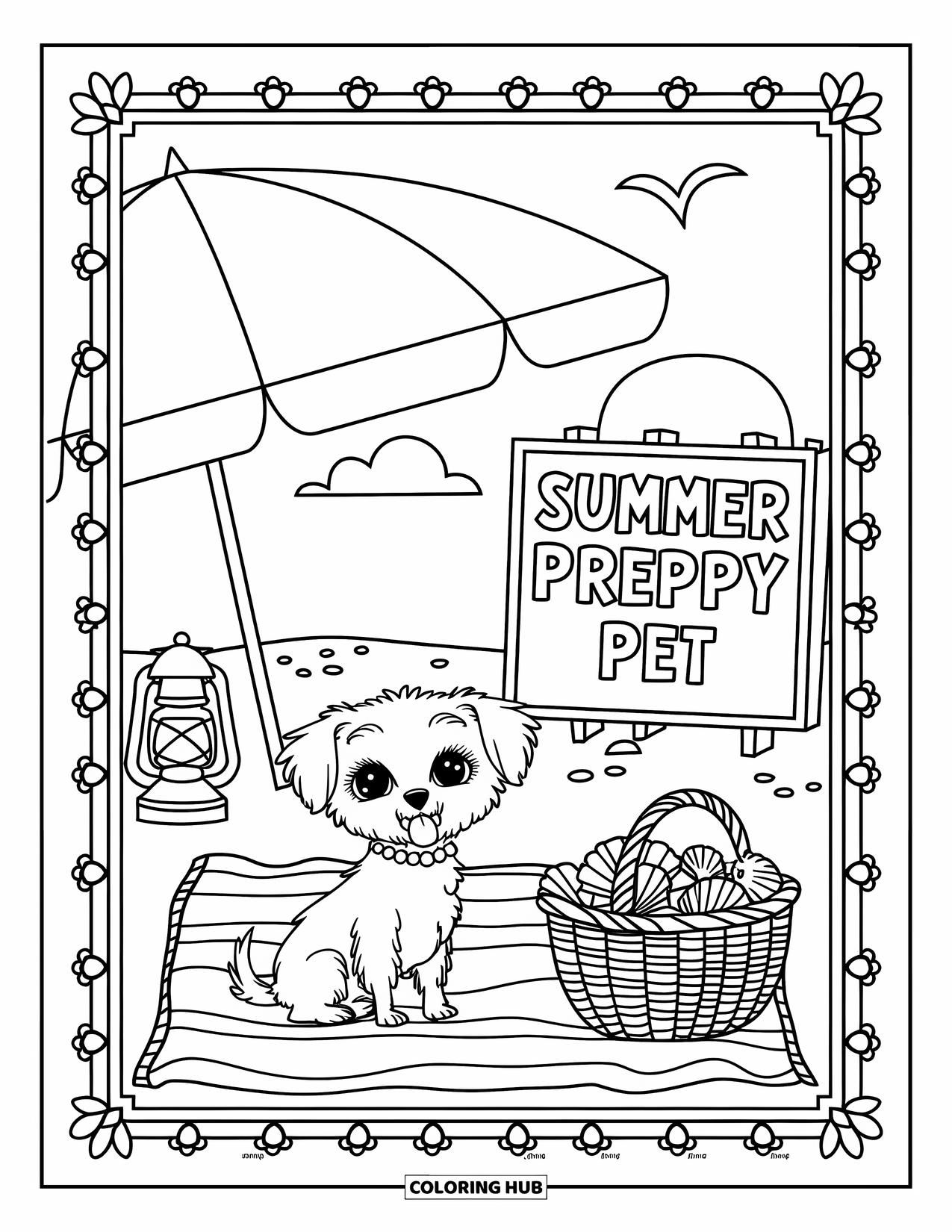 Summer Preppy Coloring Page for Adults: A preppy dog with pearls sits near a striped towel and seaside basket