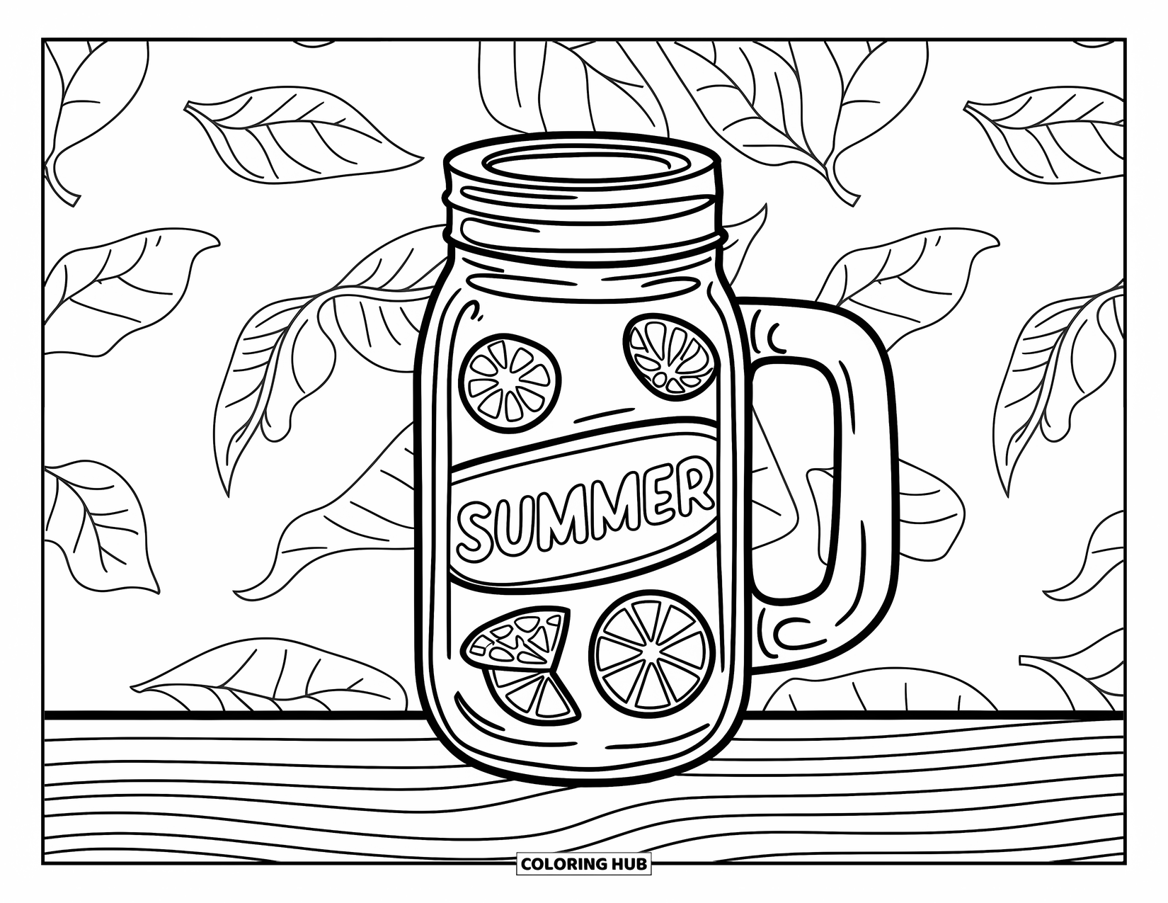 Summer Preppy Coloring Page for Adults: A preppy lemonade jar with a citrus glass handle and leafy patterned background
