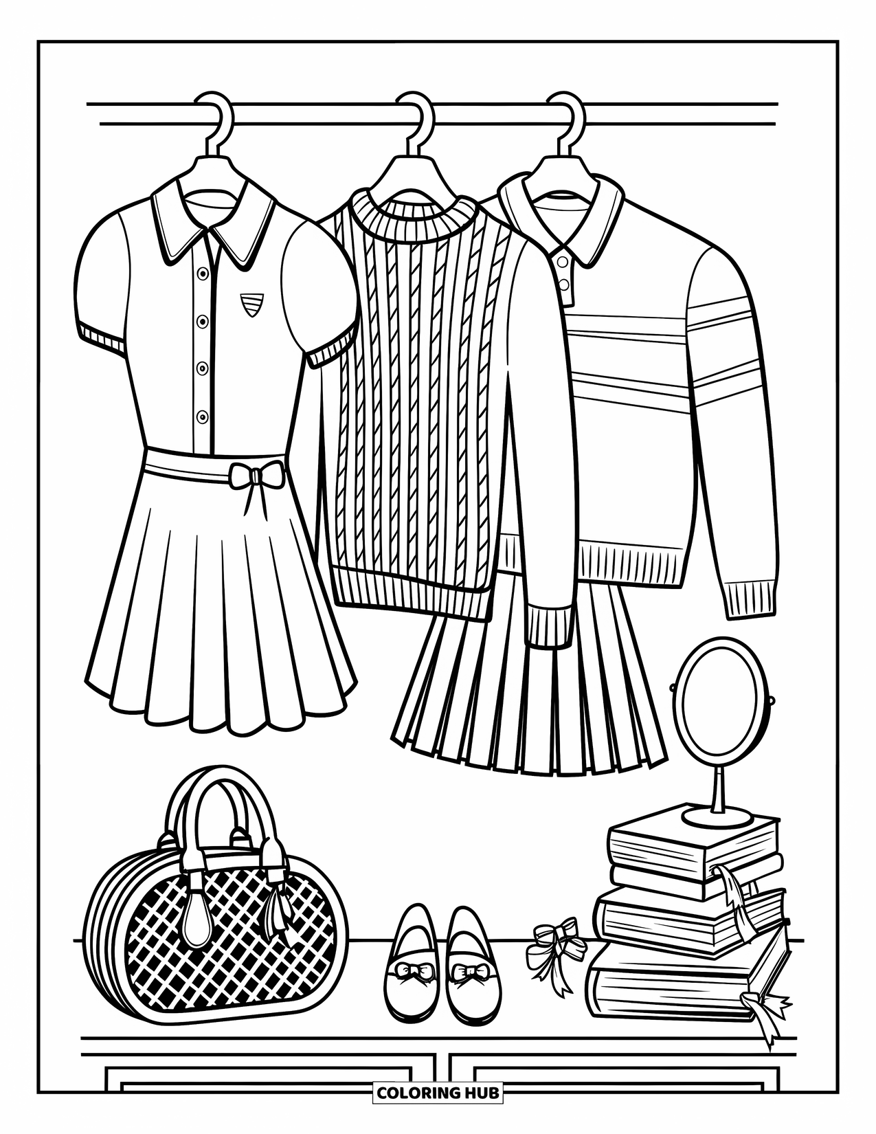 Summer Preppy Coloring Page for Adults: A preppy wardrobe with pleated skirts, tennis dresses, and loafers with bows