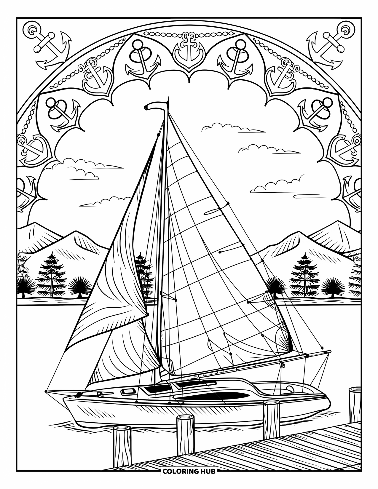 Summer Preppy Coloring Page for Adults: A sailboat near a dock and mountains framed with nautical mandala art