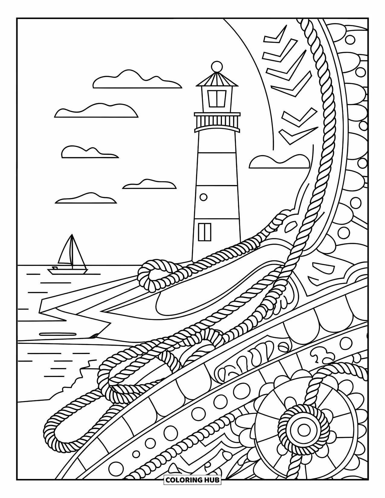 Summer Preppy Coloring Page for Adults: A striped lighthouse with ropes, sails, and a detailed nautical mandala