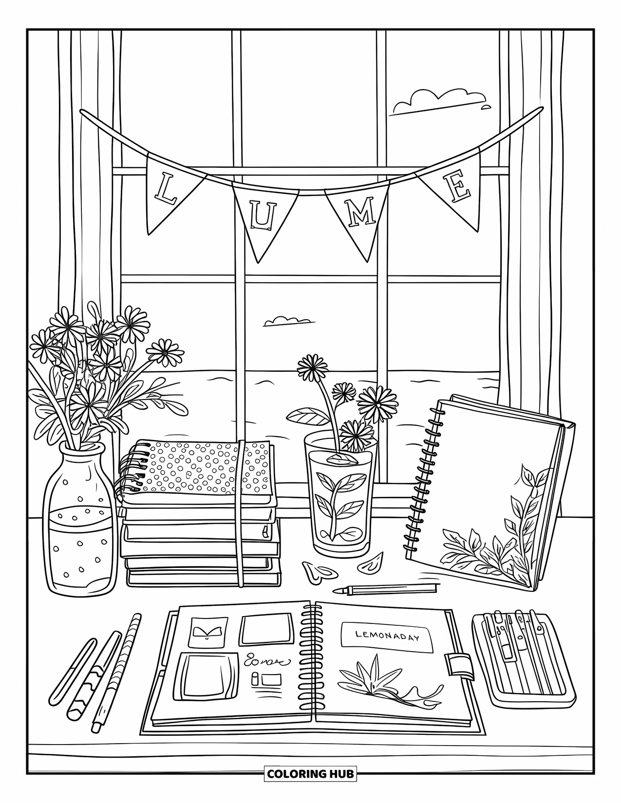 Summer Preppy Coloring Page for Adults: A study desk by a window with notebooks, lemonade, and pastel pens