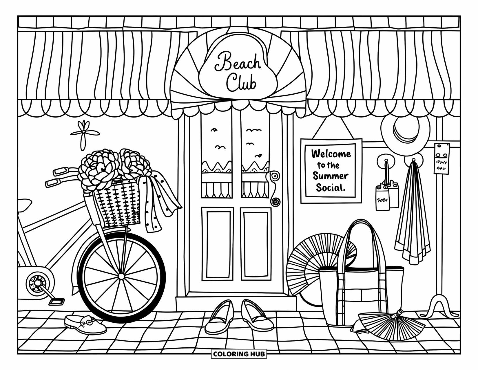 Summer Preppy Coloring Page for Adults: A sunny doorway scene with a bicycle, tote bag, and ìSummer Socialî banner