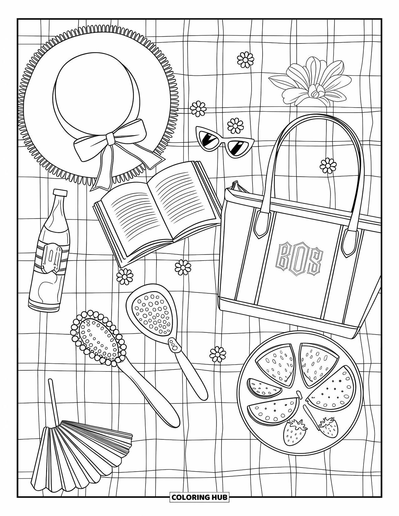Summer Preppy Coloring Page for Adults: A sunny picnic blanket filled with fruit, lemonade, and preppy accessories