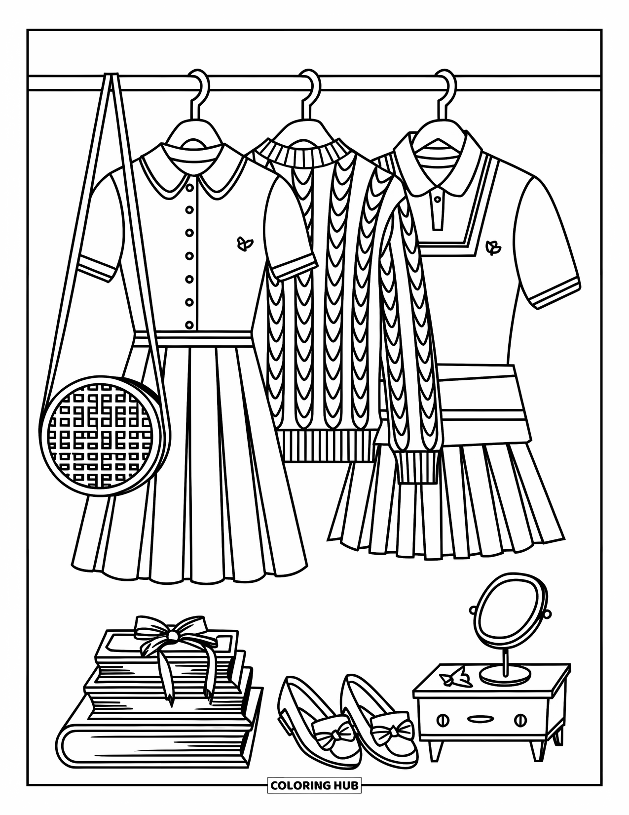 Summer Preppy Coloring Page for Adults: A tidy summer closet with polos, skirts, and a rattan tennis bag