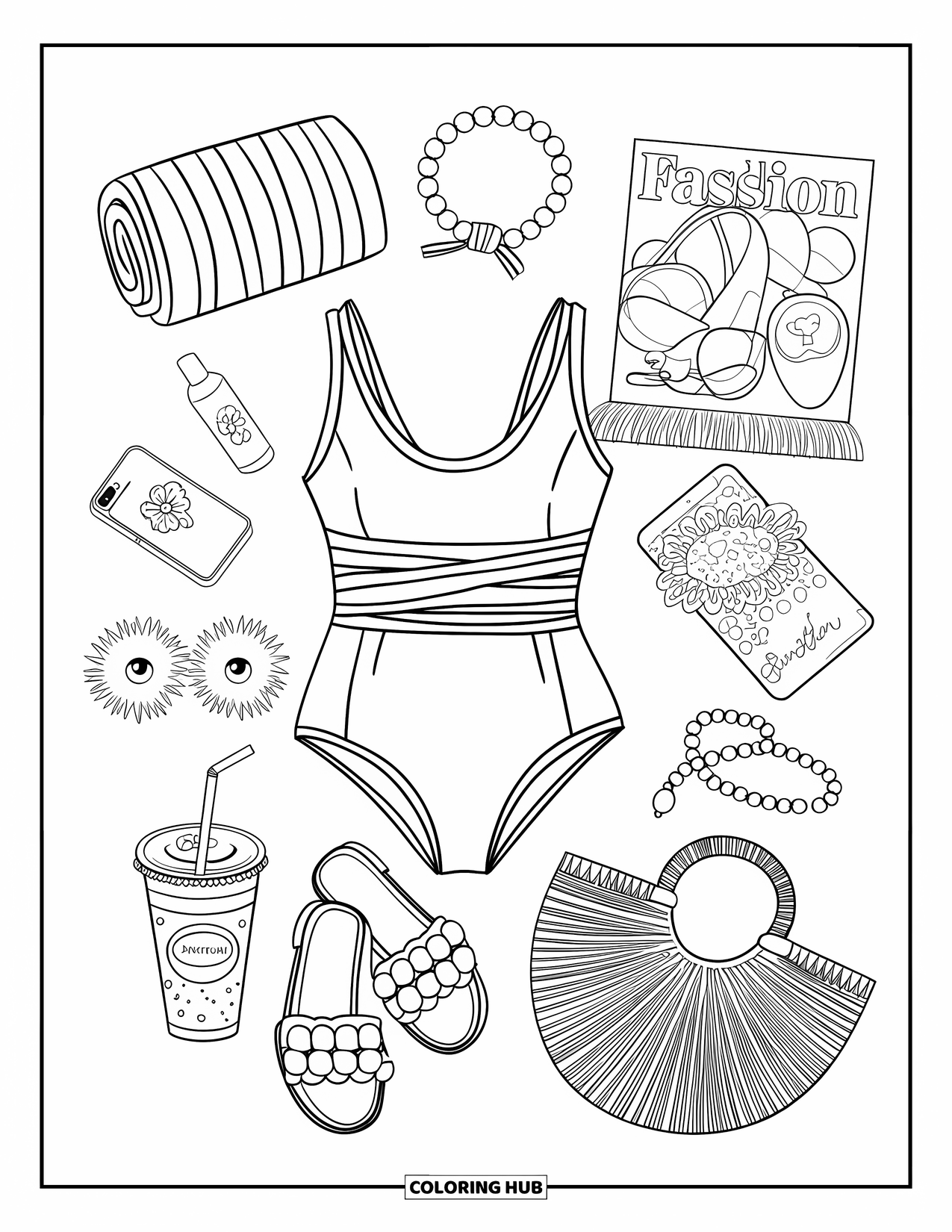 Summer Preppy Coloring Page for Adults: Summer essentialsóswimsuit, sandals, matcha, and a woven bagóneatly arranged