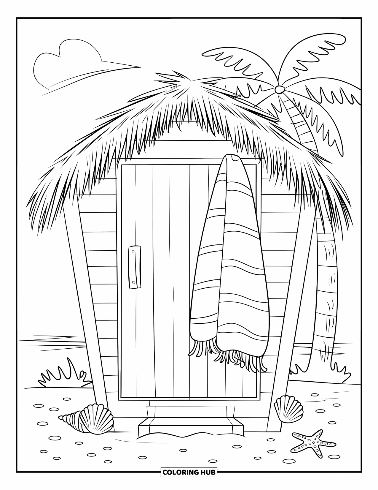 Summer Preppy Coloring Page for Kids: A beach hut with towels and shells glows under clear skies