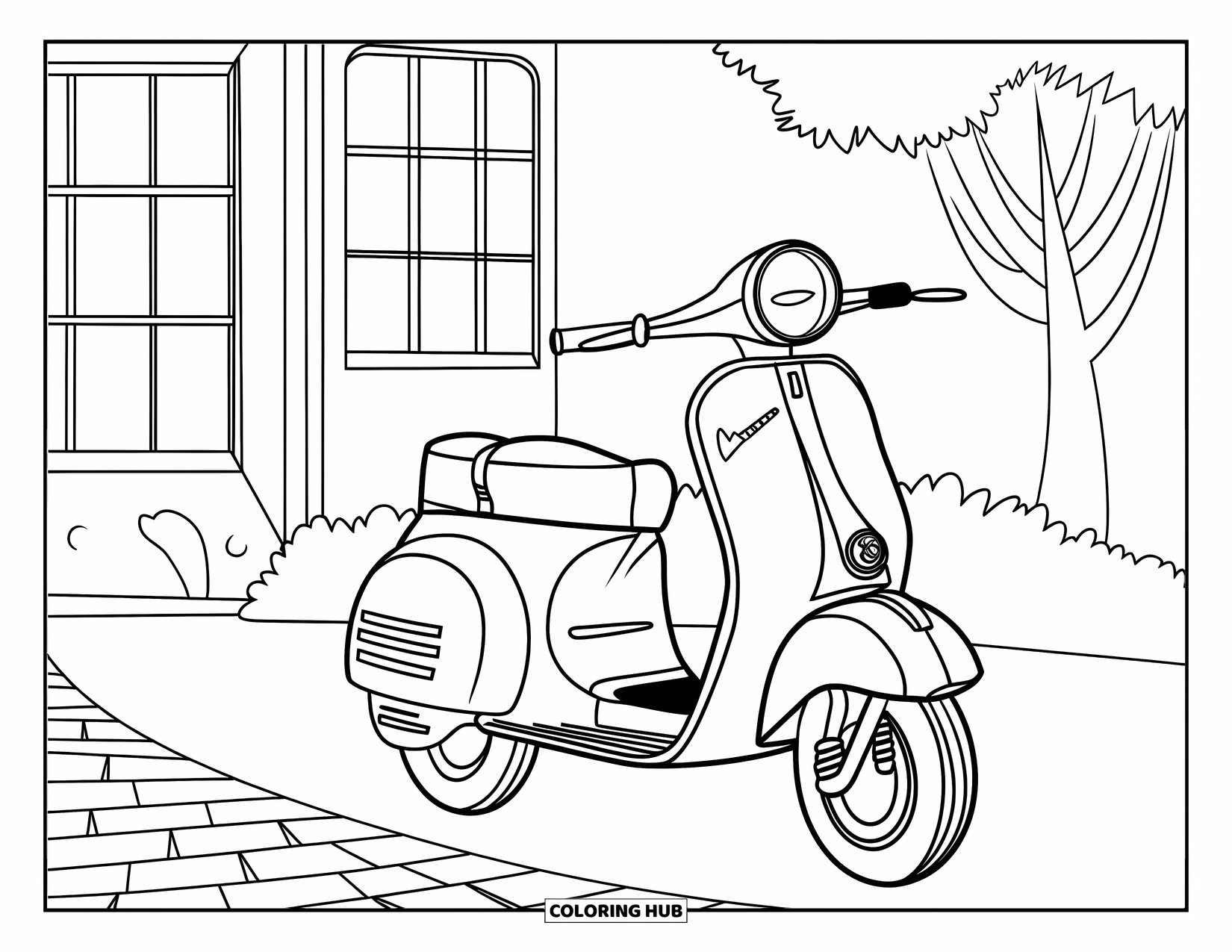 Summer Preppy Coloring Page for Kids: A bow-tied scooter stands near a building with a tree and red door