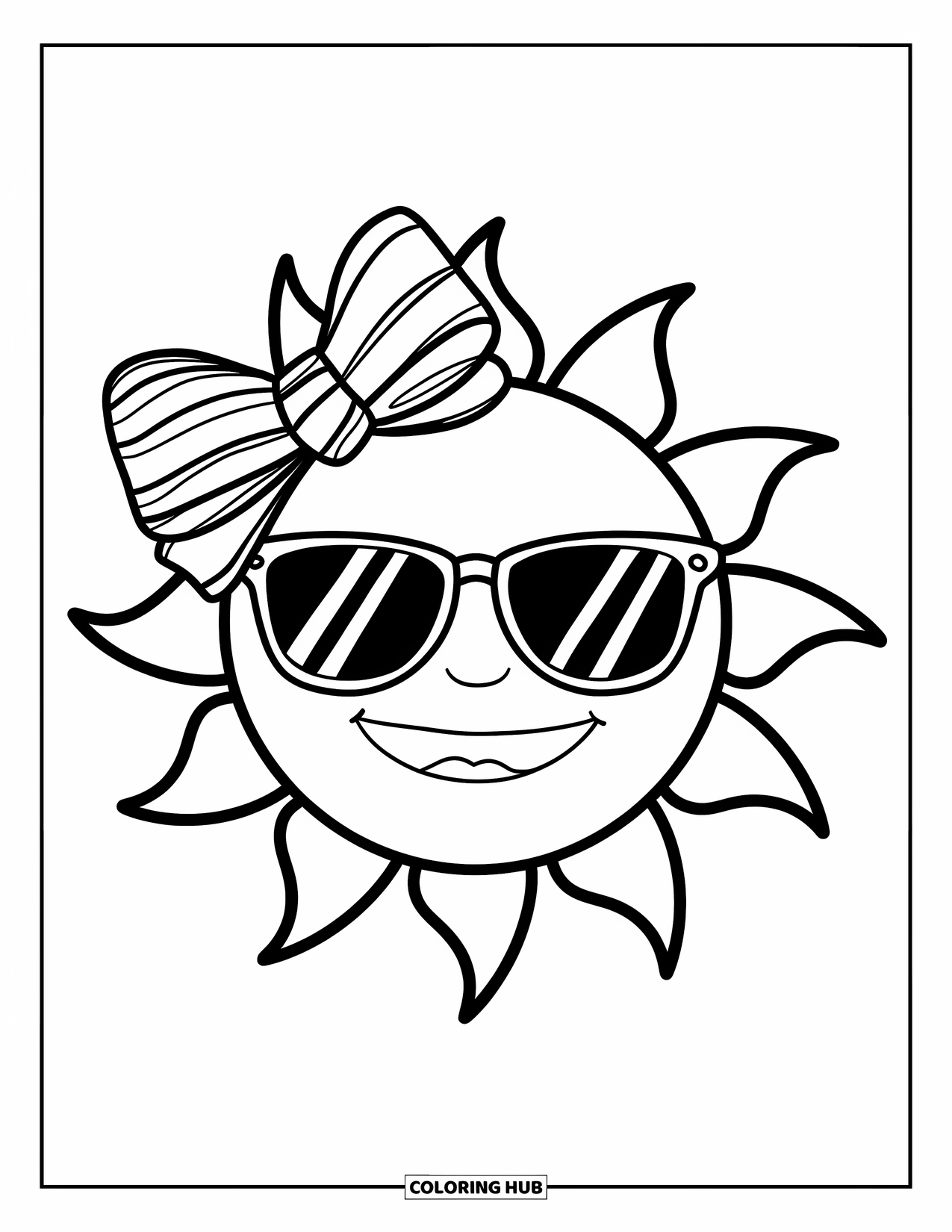 Summer Preppy Coloring Page for Kids: A cheerful sun with a bow and shades smiles under a clear sky