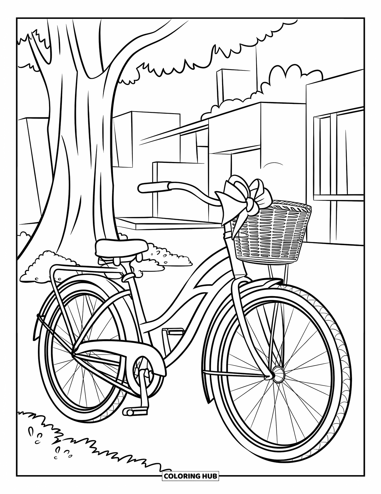 Summer Preppy Coloring Page for Kids: A cruiser bike with a basket and bow waits beside a shady tree