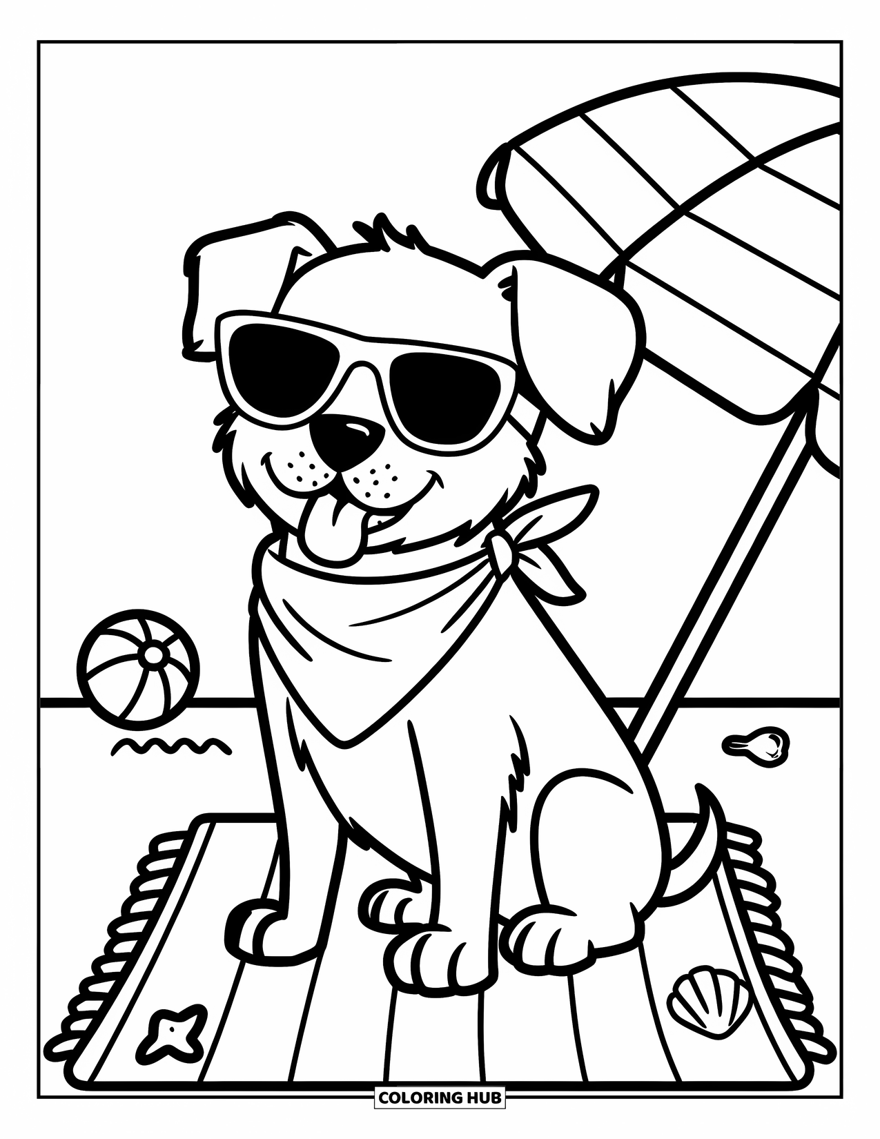 Summer Preppy Coloring Page for Kids: A dog with sunglasses and a bandana lounges on a striped mat
