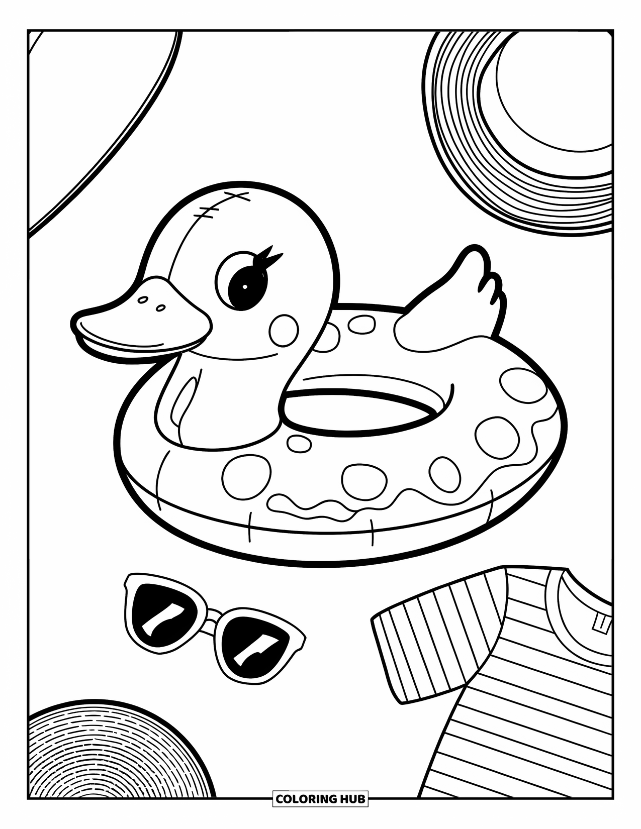 Summer Preppy Coloring Page for Kids: A duck-shaped float sits with sunglasses and a hat nearby