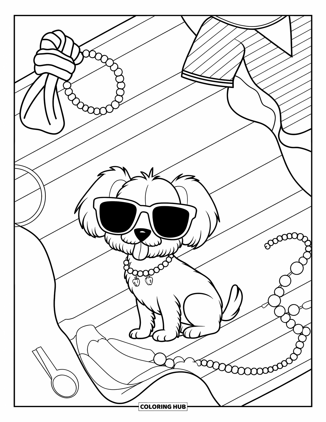 Summer Preppy Coloring Page for Kids: A fancy dog in sunglasses relaxes on a towel with preppy decor