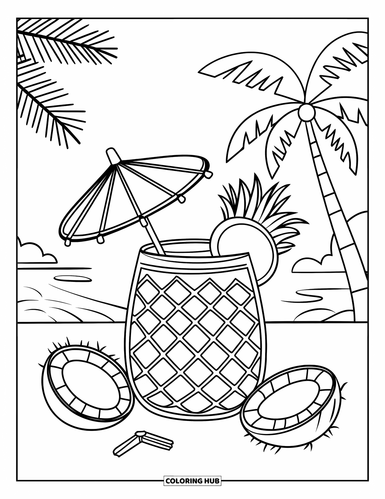 Summer Preppy Coloring Page for Kids: A glass of pineapple juice with a parasol sits among coconuts and palms