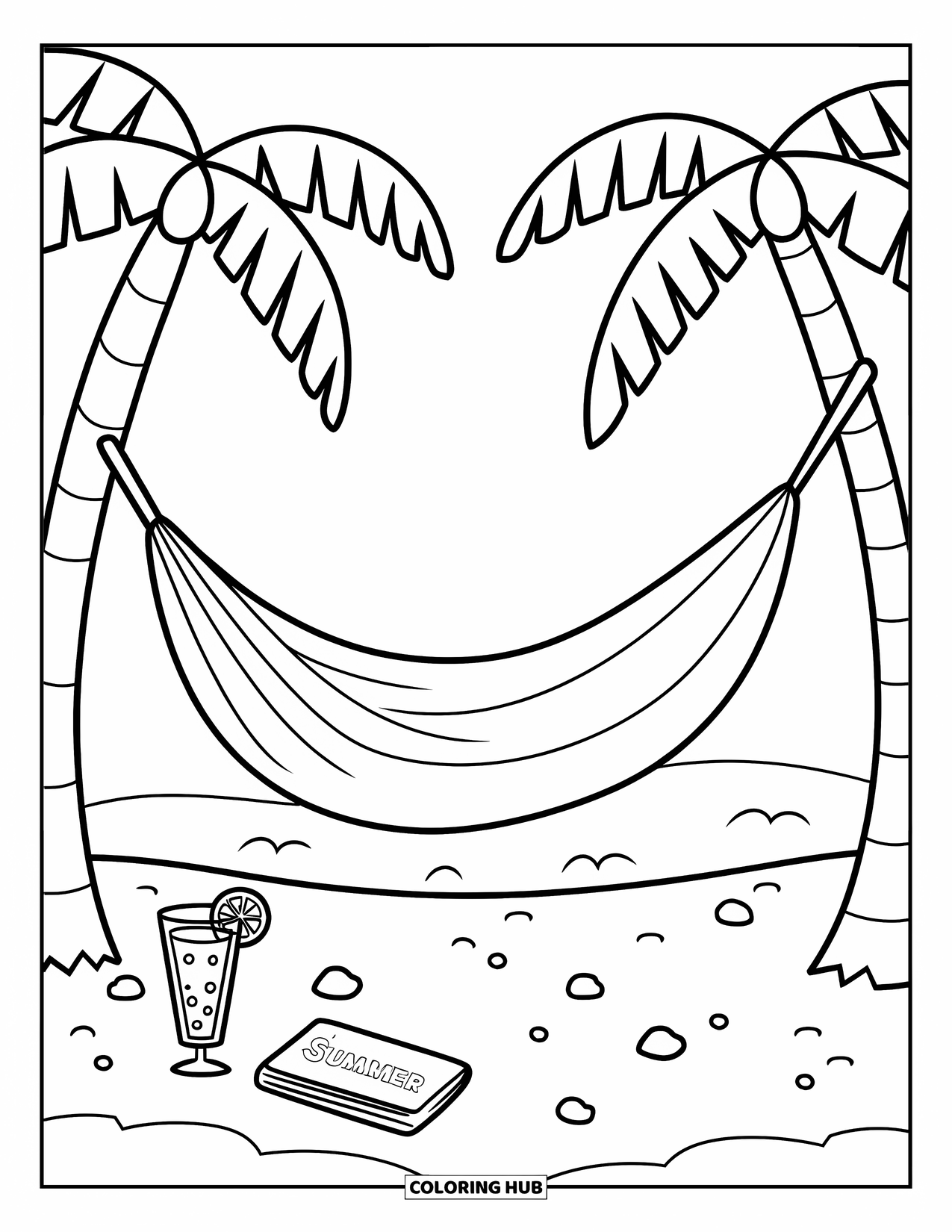 Summer Preppy Coloring Page for Kids: A hammock between palms sits near a book and a refreshing drink