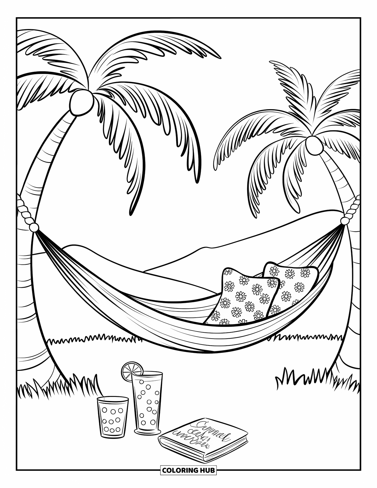 Summer Preppy Coloring Page for Kids: A hammock with pillows stretches between palms under a calm summer sky