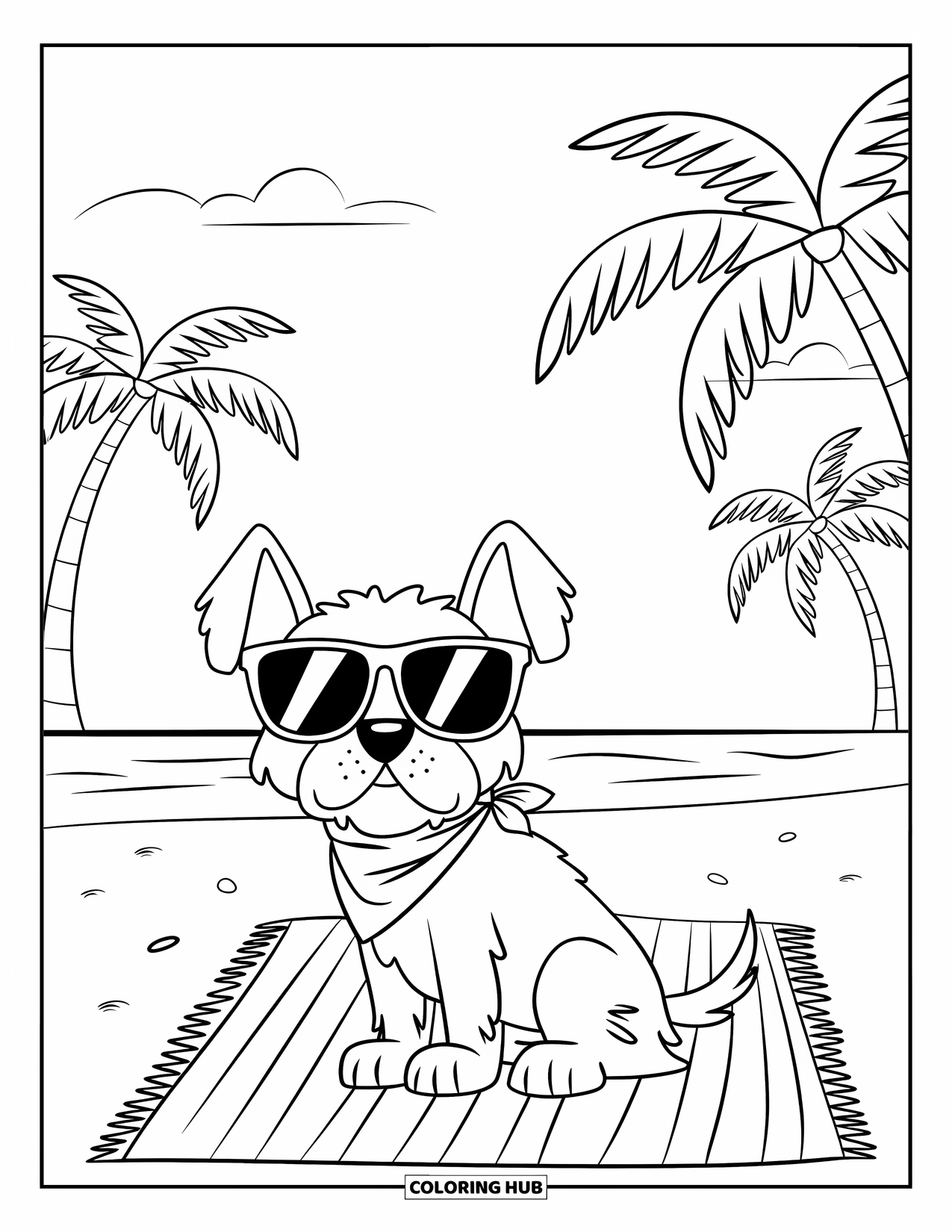 Summer Preppy Coloring Page for Kids: A happy dog in shades and a scarf relaxes on a sunny beach