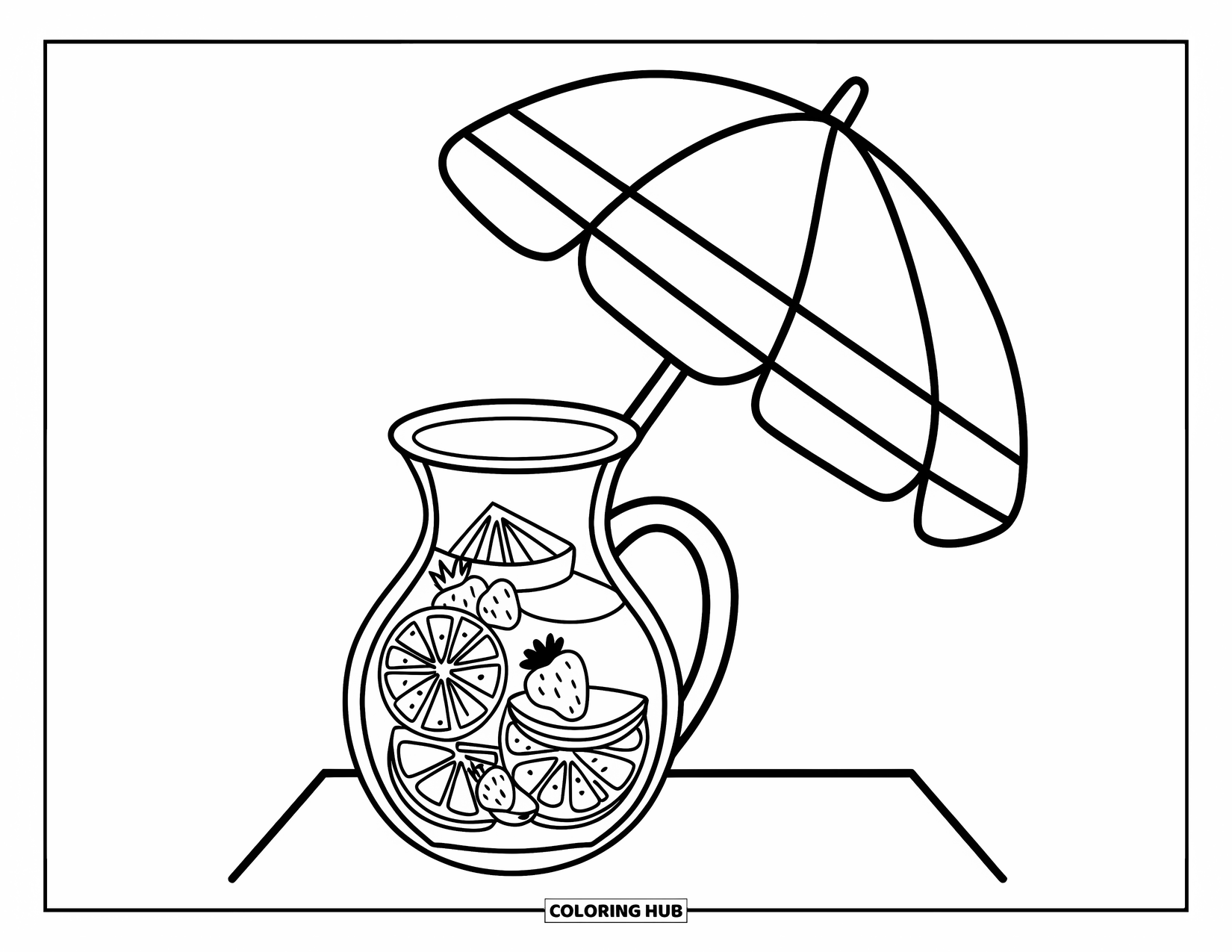 Summer Preppy Coloring Page for Kids: A lemonade pitcher filled with fruit sits under a floral umbrella