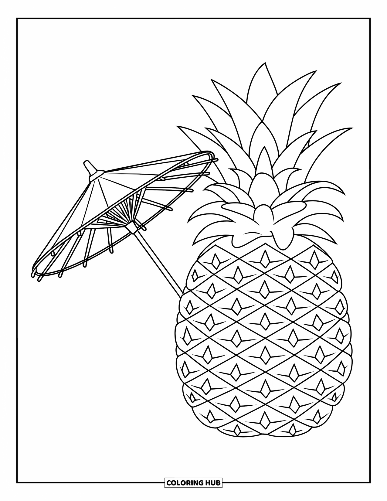 Summer Preppy Coloring Page for Kids: A pineapple drink with a small parasol brings tropical cheer
