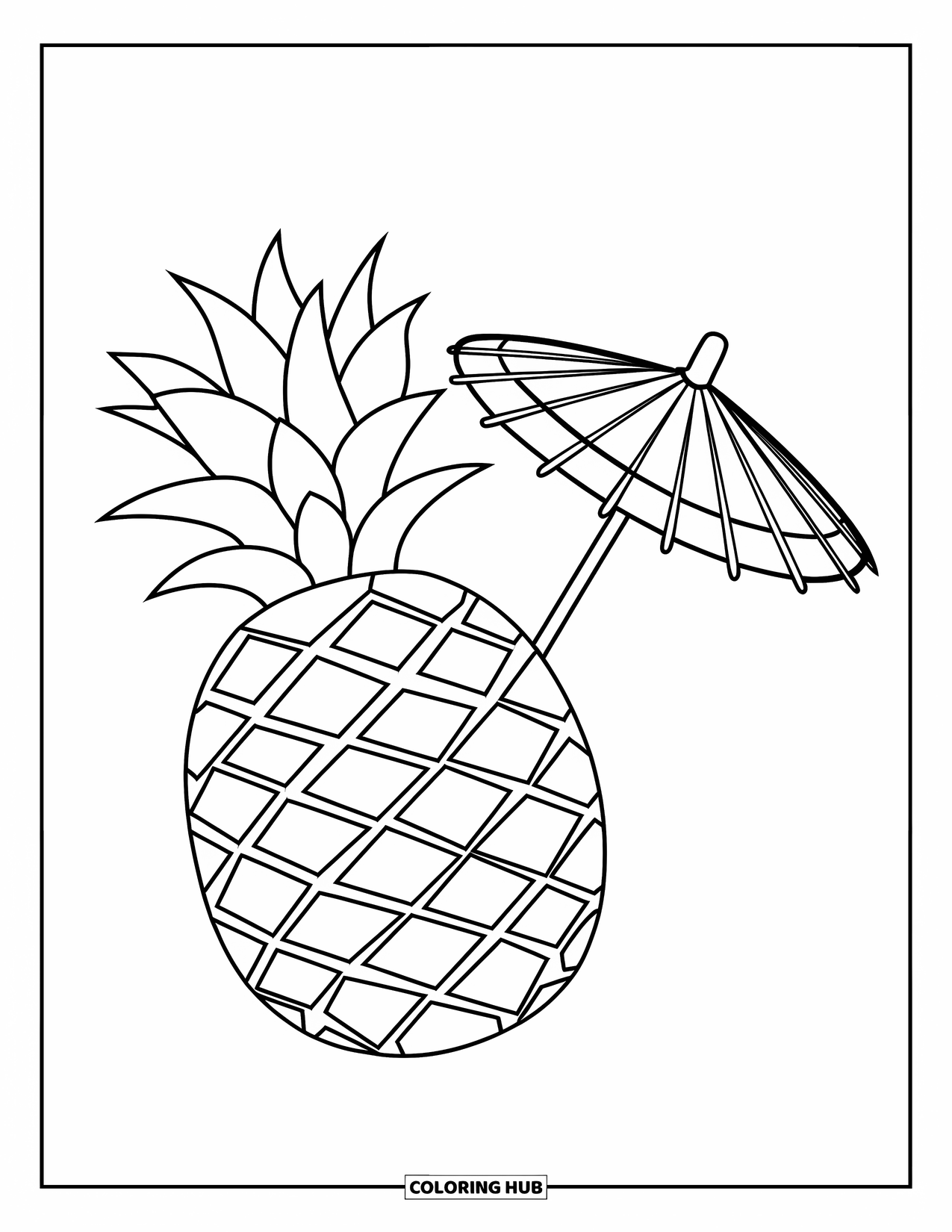 Summer Preppy Coloring Page for Kids: A pineapple glass with a parasol sits ready for a sunny sip