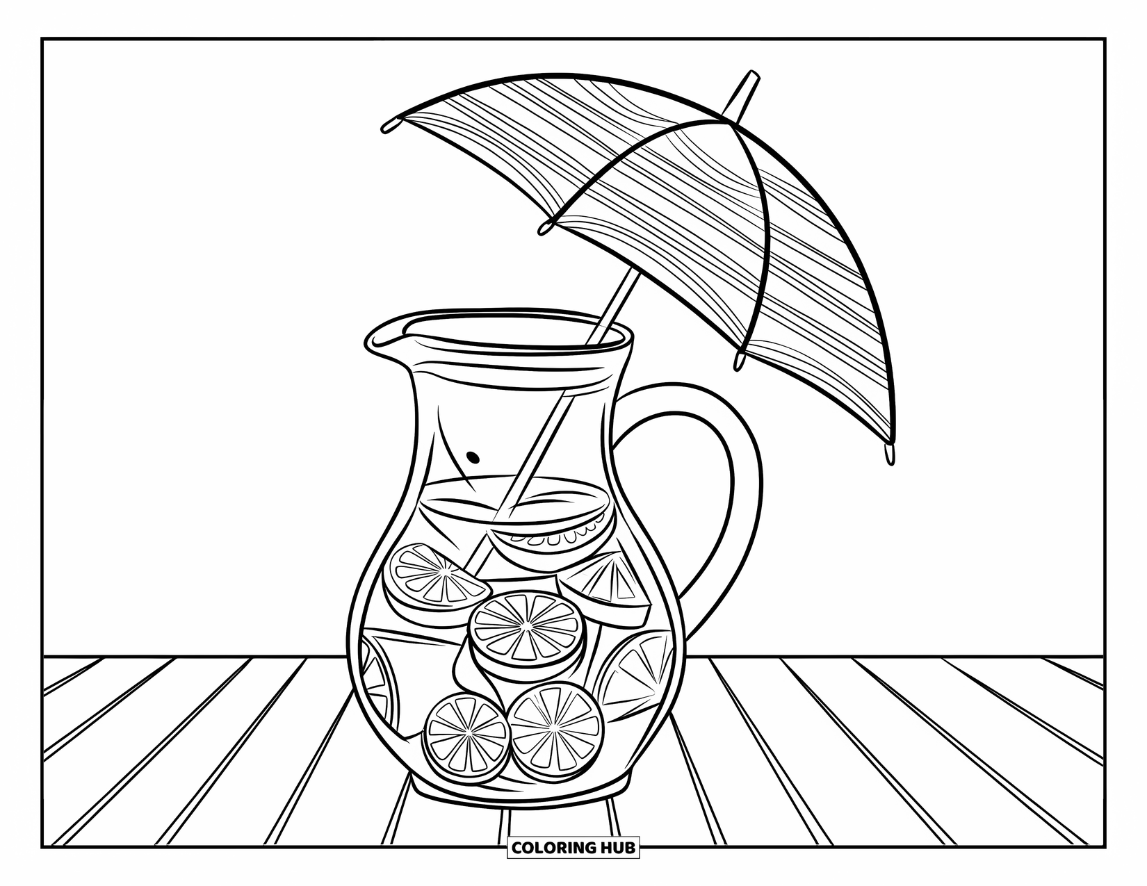 Summer Preppy Coloring Page for Kids: A pitcher of lemonade with fruit slices glows on a wooden table