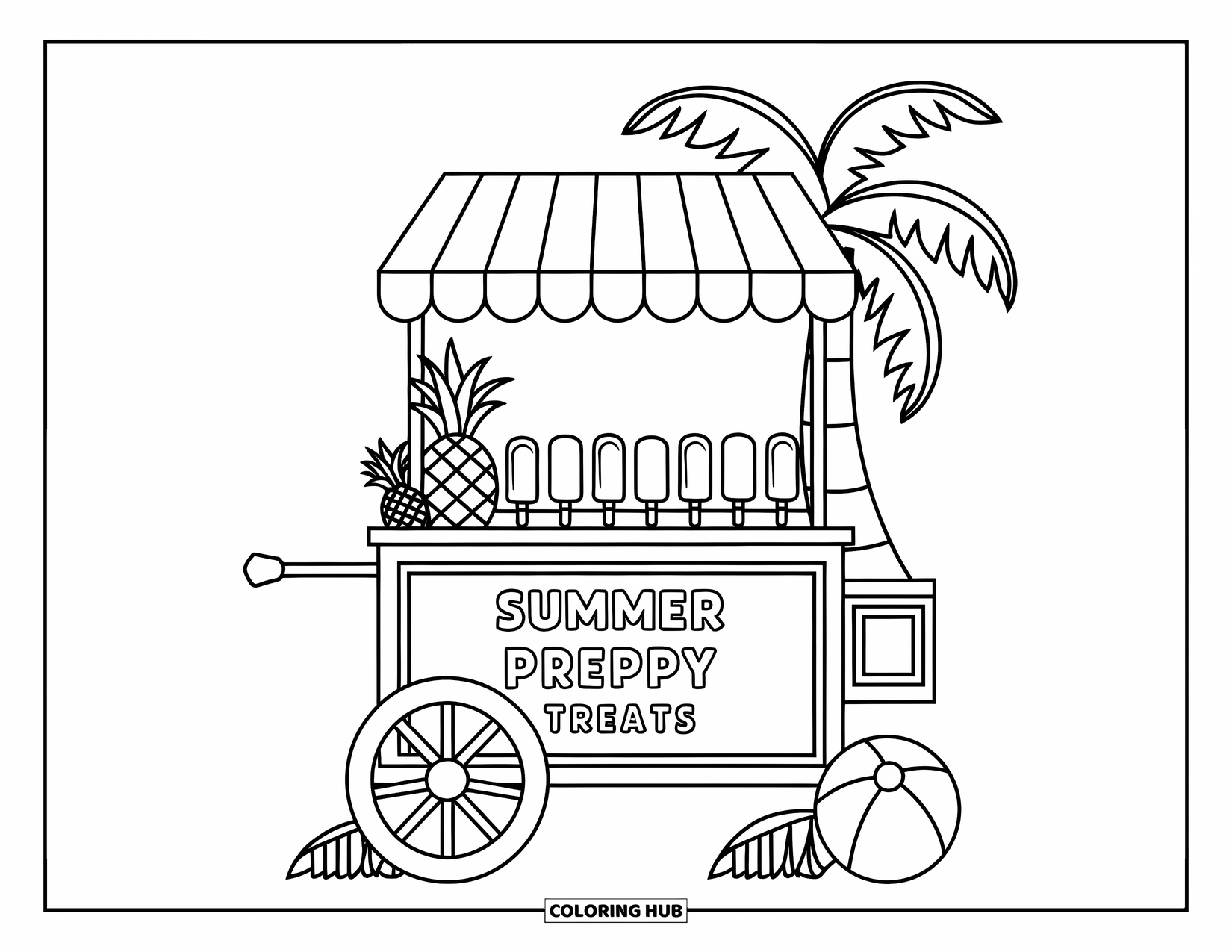 Summer Preppy Coloring Page for Kids: A popsicle cart titled "Summer Preppy Treats" stands decorated with pineapples and beach fun