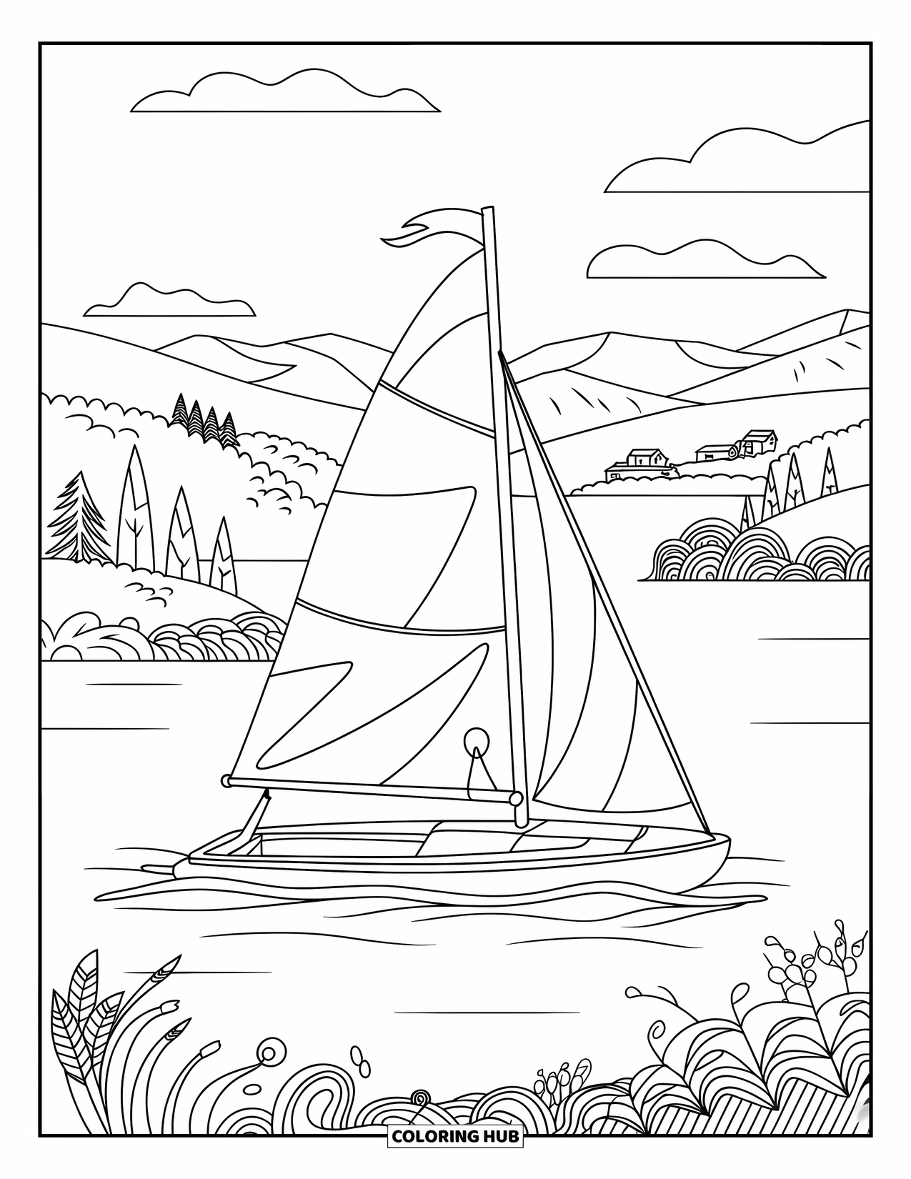 Summer Preppy Coloring Page for Kids: A preppy sailboat floats on a calm lake with mountains beyond