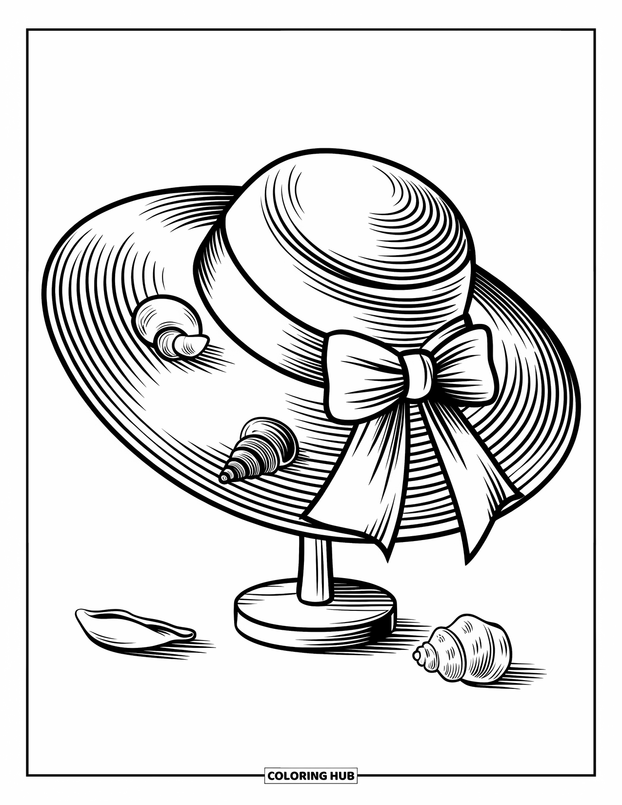 Summer Preppy Coloring Page for Kids: A preppy summer hat with a bow sits elegantly on a stand