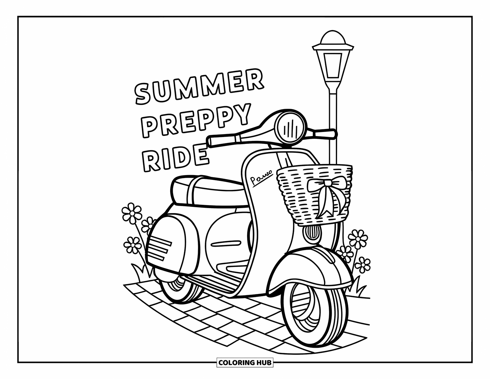 Summer Preppy Coloring Page for Kids: A scooter with a bow rests on a path near flowers and a lamp post