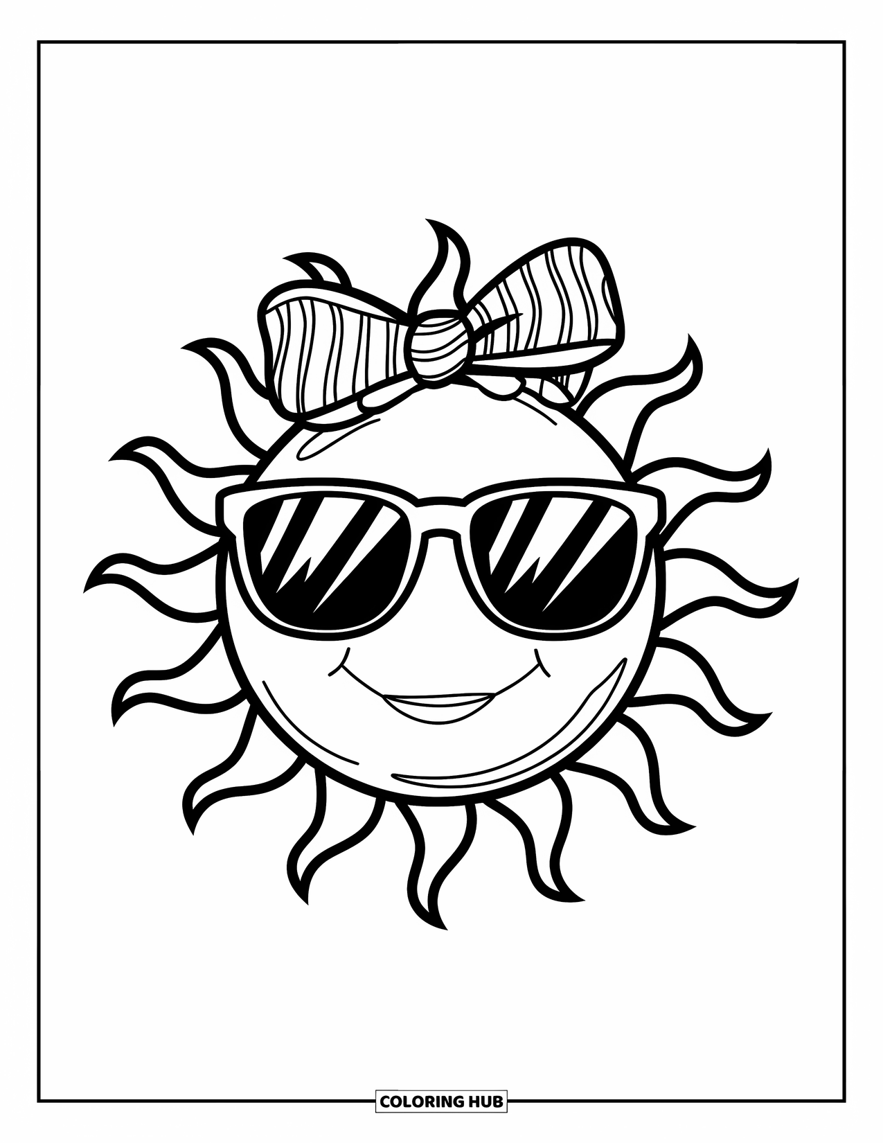 Summer Preppy Coloring Page for Kids: A smiling sun with sunglasses and a bow beams bright and happy