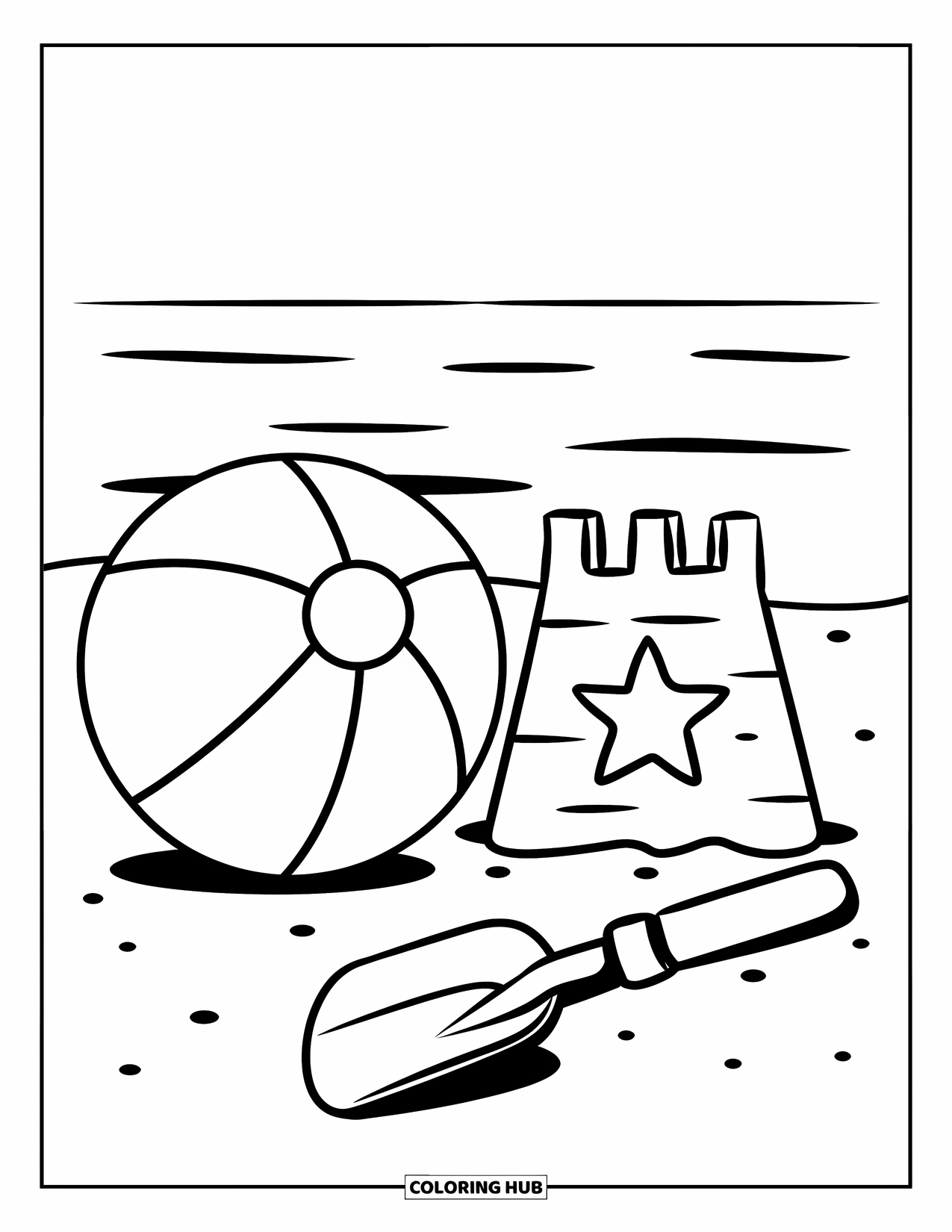 Summer Preppy Coloring Page for Kids: A striped beach ball and shovel sit near waves and palm trees