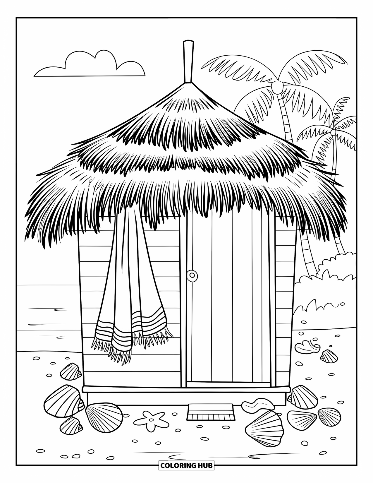 Summer Preppy Coloring Page for Kids: A striped beach hut stands with towels and shells beneath palm trees