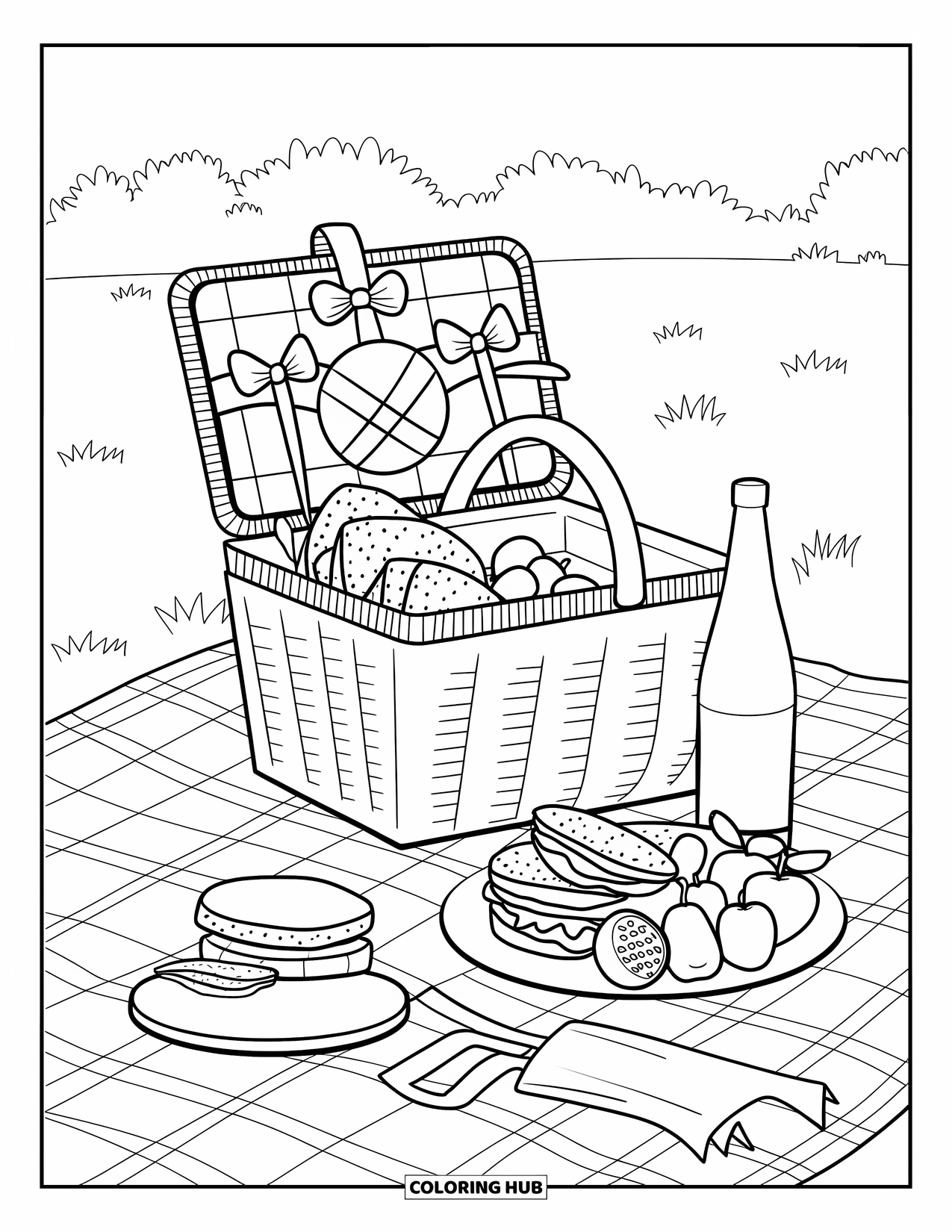 Summer Preppy Coloring Page for Kids: A summer picnic spreads across a gingham blanket with bows and food