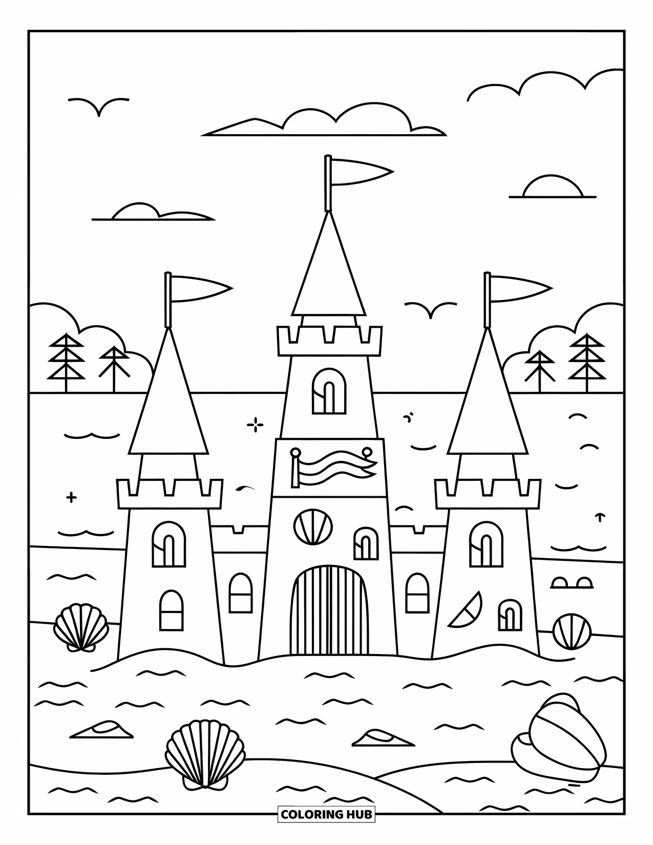 Summer Preppy Coloring Page for Kids: A tall sandcastle with flags stands surrounded by seashells